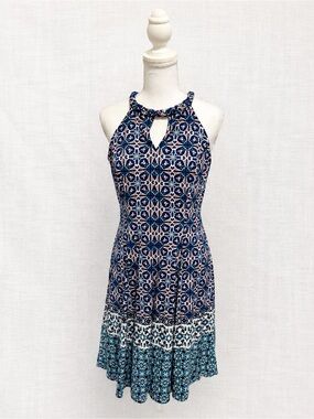 Navy & Teal Printed Halter Dress